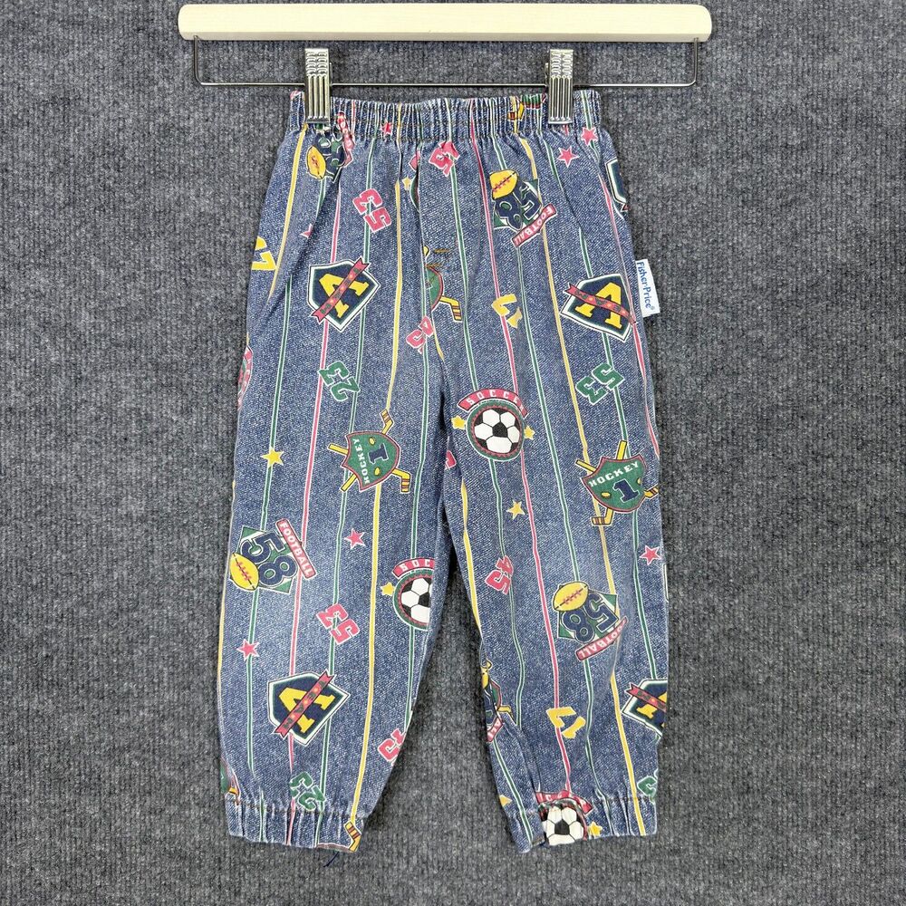 Vintage Fisher-Price Toddler Boys Pants 3T Sports Print Jogger Blue Cotton USA